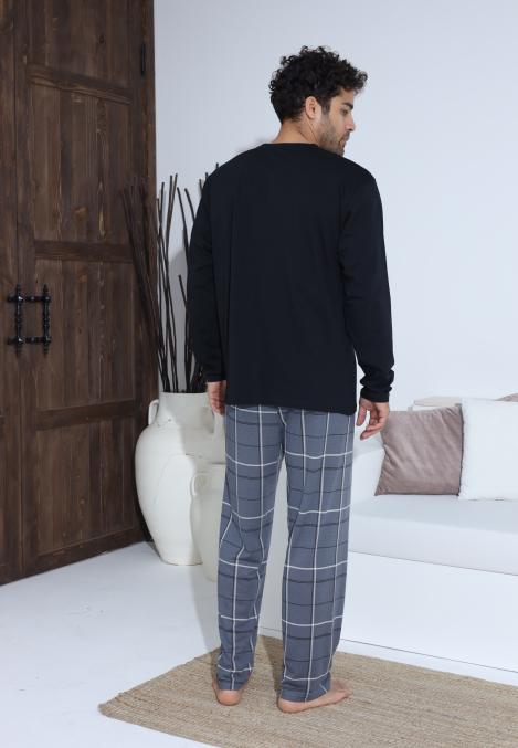 Pijama Barbati ,Maneca si Pantaloni Lungi,Culoare Negru cu Gri,Engros